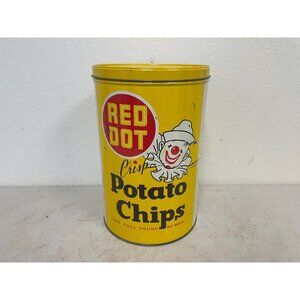 VTG YELLOW RED DOT CRISP POTATO CHIPS CAN/CLOWN GRAPHIC RED DOT FOODS